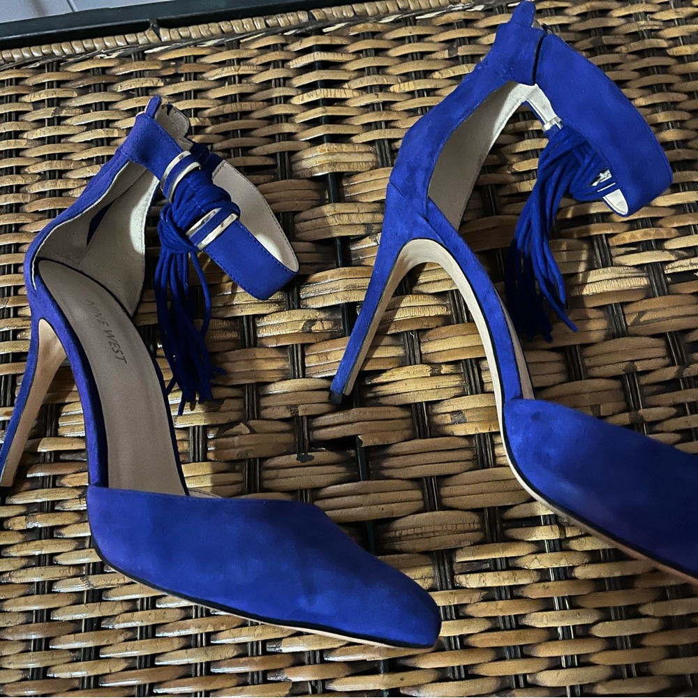 Nine West Royal blue ankle strap fringe heels